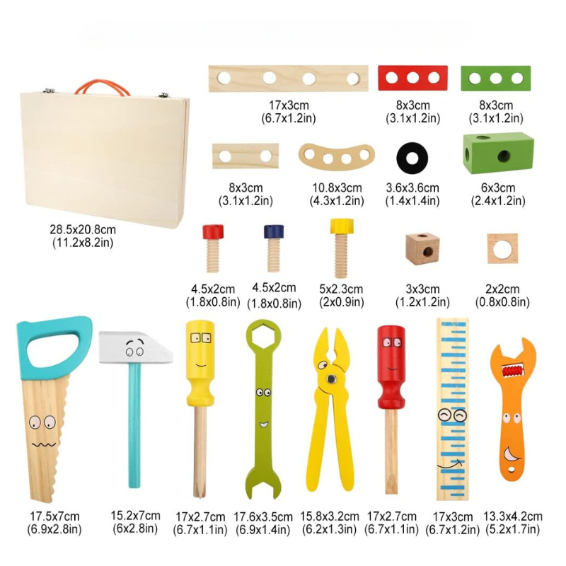 Montessori Wooden Tool Box Set – 35 Piece Kids Construction & Building Toy