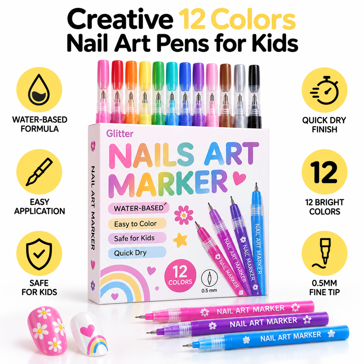 Creative 12 Colors Nail Art Pens for Kids – Water-Based Washable Set