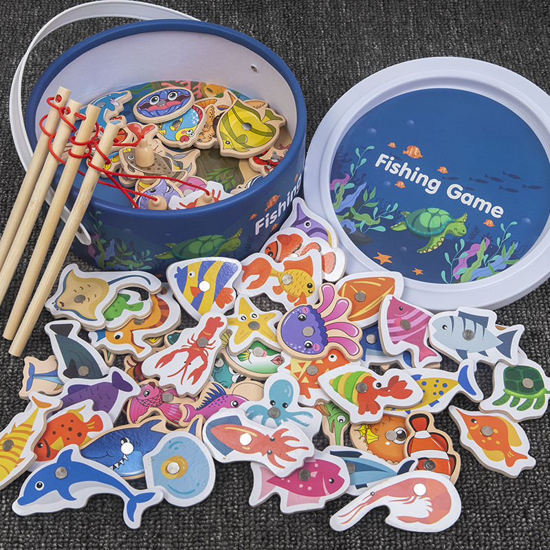 Montessori Magnetic Fishing Game – Wooden Educational Toy with 31 Fish & 2 Rods
