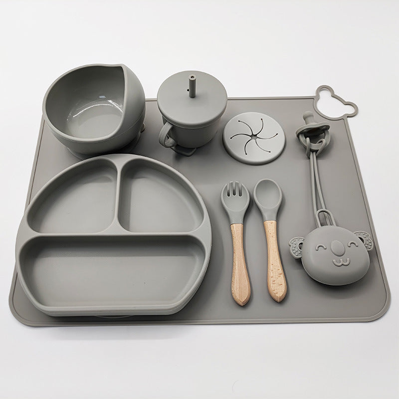 Baby Silicone Weaning Set – BPA Free Suction Plate, Bowl & Cutlery with Wooden Handles