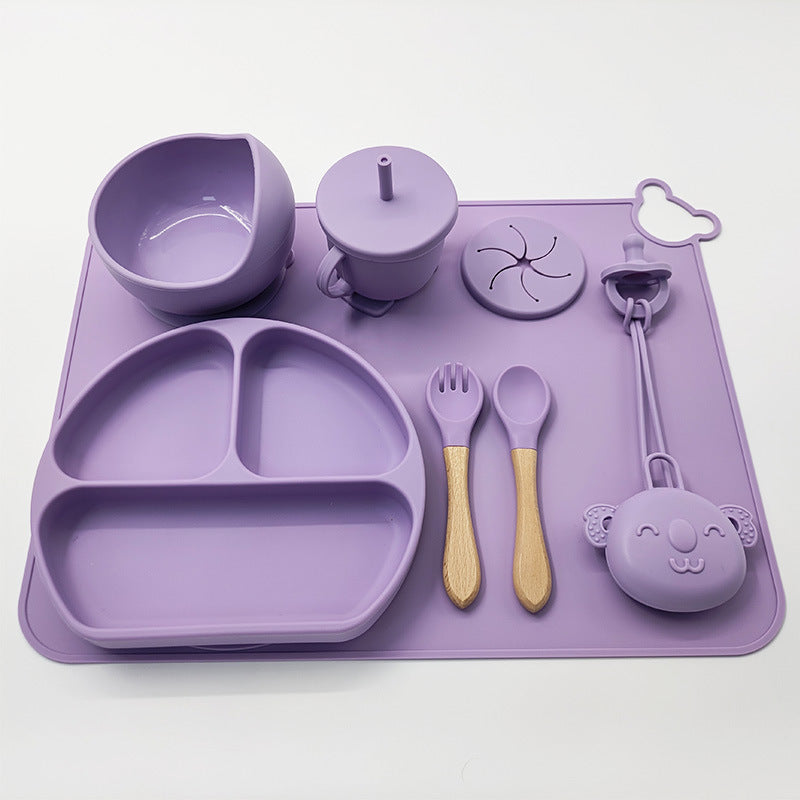 Baby Silicone Weaning Set – BPA Free Suction Plate, Bowl & Cutlery with Wooden Handles