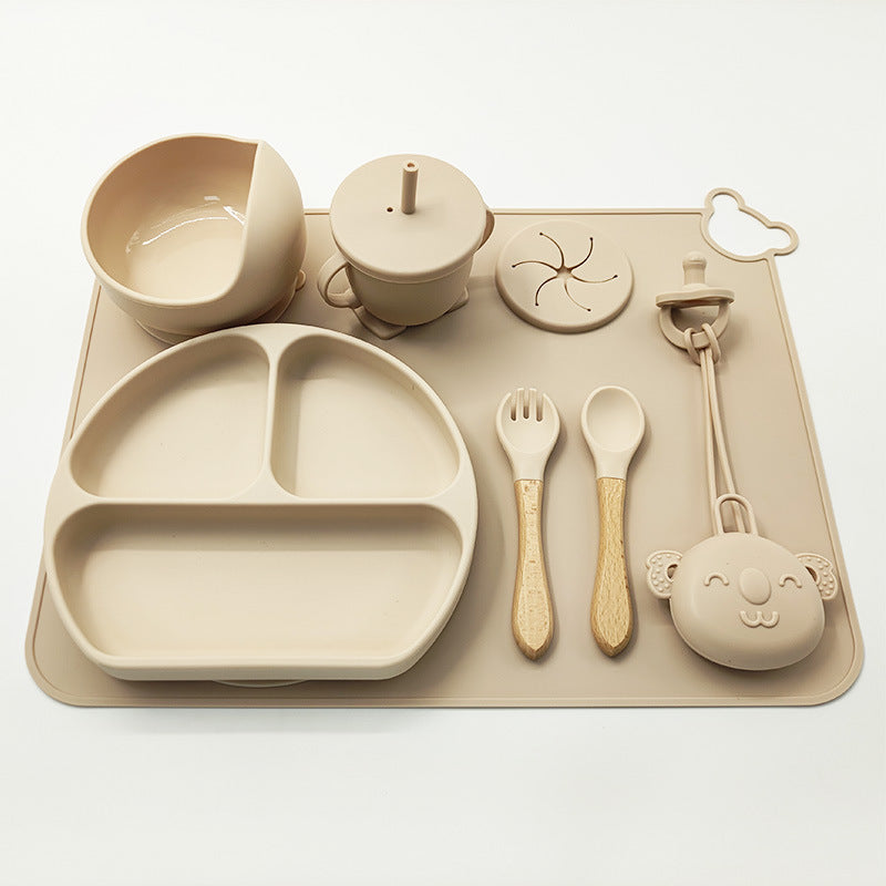 Baby Silicone Weaning Set – BPA Free Suction Plate, Bowl & Cutlery with Wooden Handles