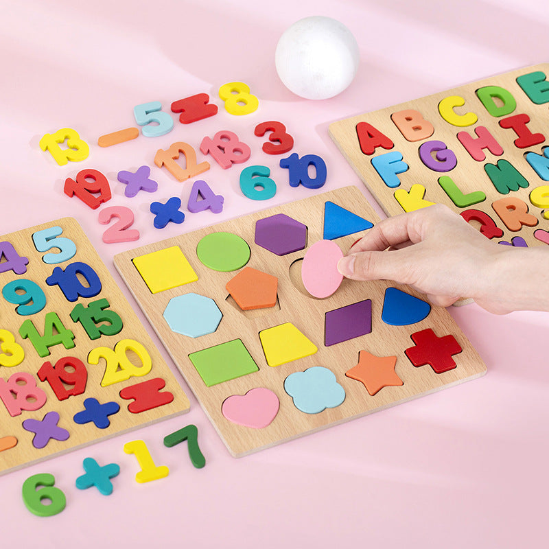 Montessori Wooden Puzzle Set – Alphabet, Numbers & Shapes Learning Toy (2–4 Years)