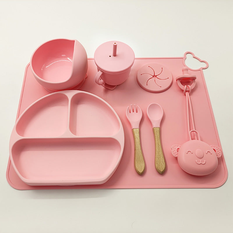 Baby Silicone Weaning Set – BPA Free Suction Plate, Bowl & Cutlery with Wooden Handles