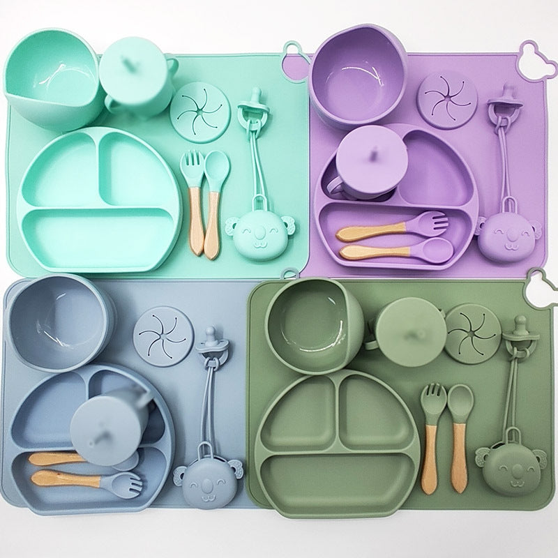 Baby Silicone Weaning Set – BPA Free Suction Plate, Bowl & Cutlery with Wooden Handles