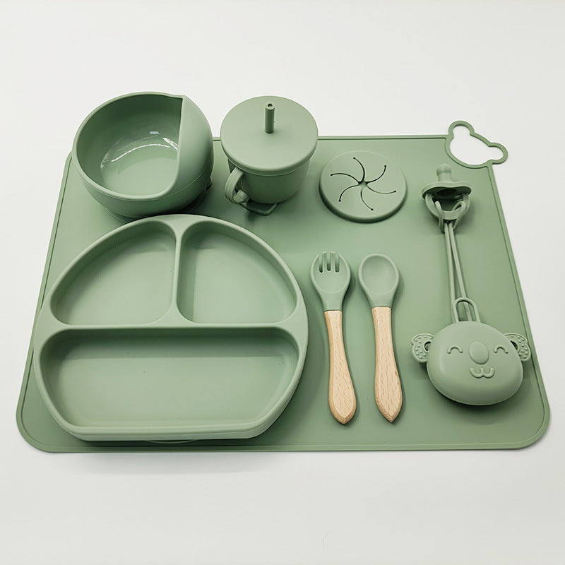 Baby Silicone Weaning Set – BPA Free Suction Plate, Bowl & Cutlery with Wooden Handles