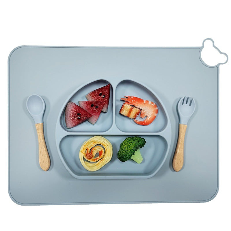 Baby Silicone Weaning Set – BPA Free Suction Plate, Bowl & Cutlery with Wooden Handles
