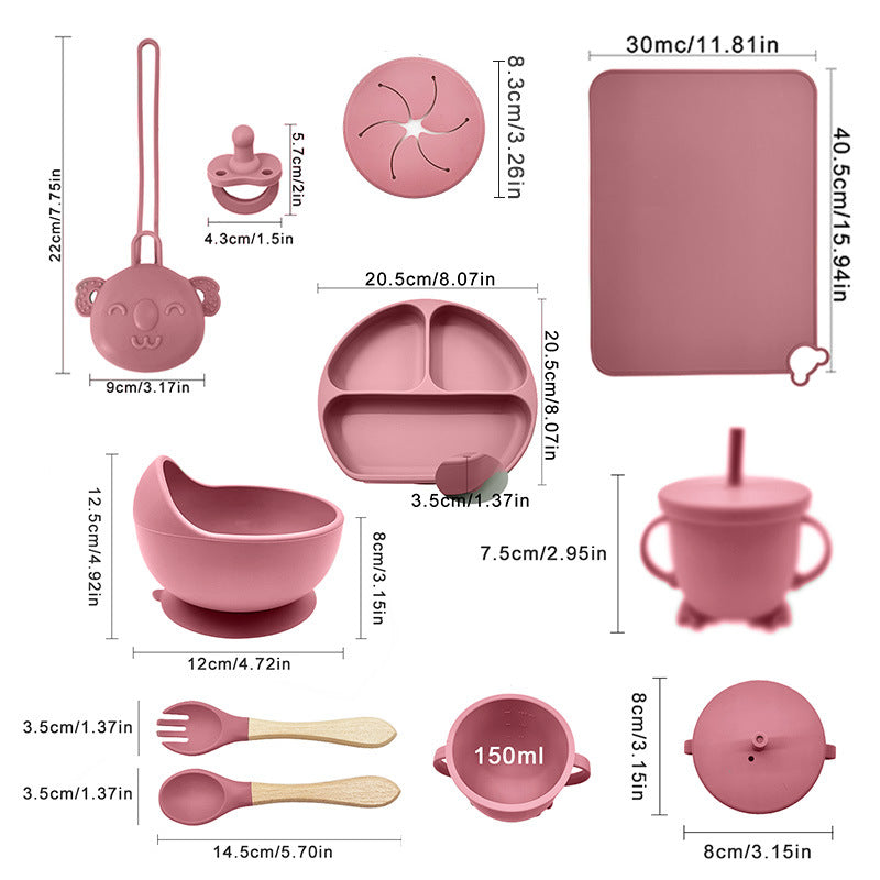 Baby Silicone Weaning Set – BPA Free Suction Plate, Bowl & Cutlery with Wooden Handles