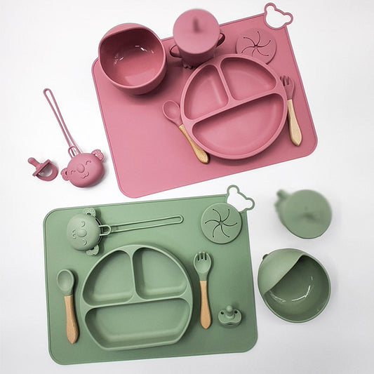 Baby Silicone Weaning Set – BPA Free Suction Plate, Bowl & Cutlery with Wooden Handles