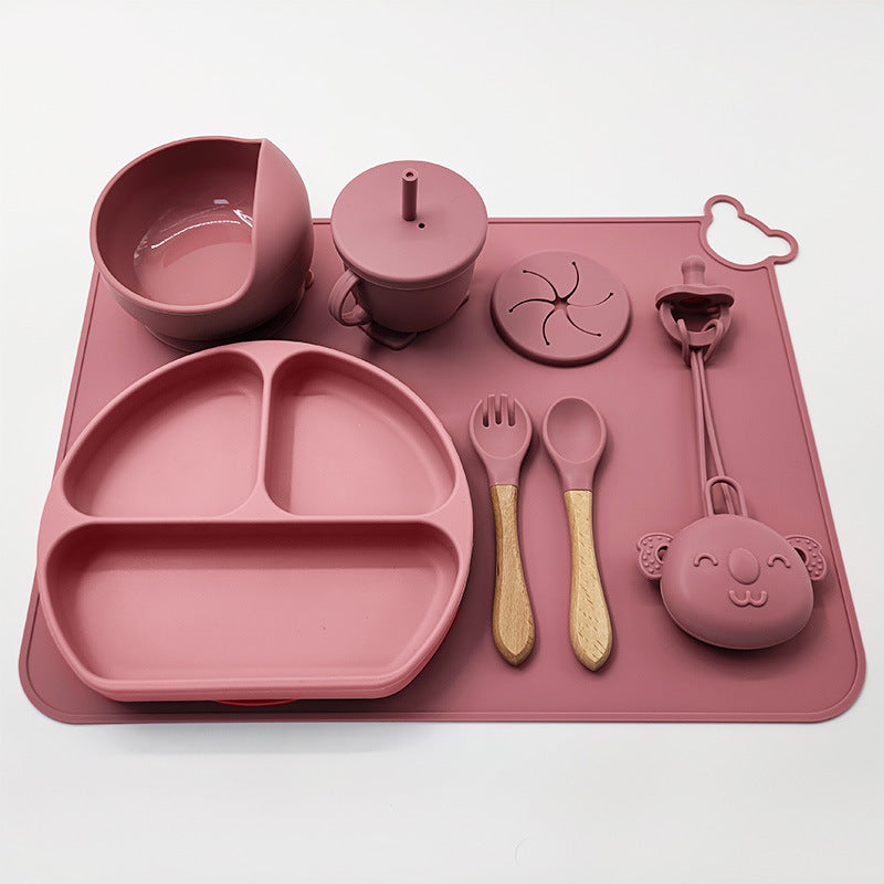 Baby Silicone Weaning Set – BPA Free Suction Plate, Bowl & Cutlery with Wooden Handles