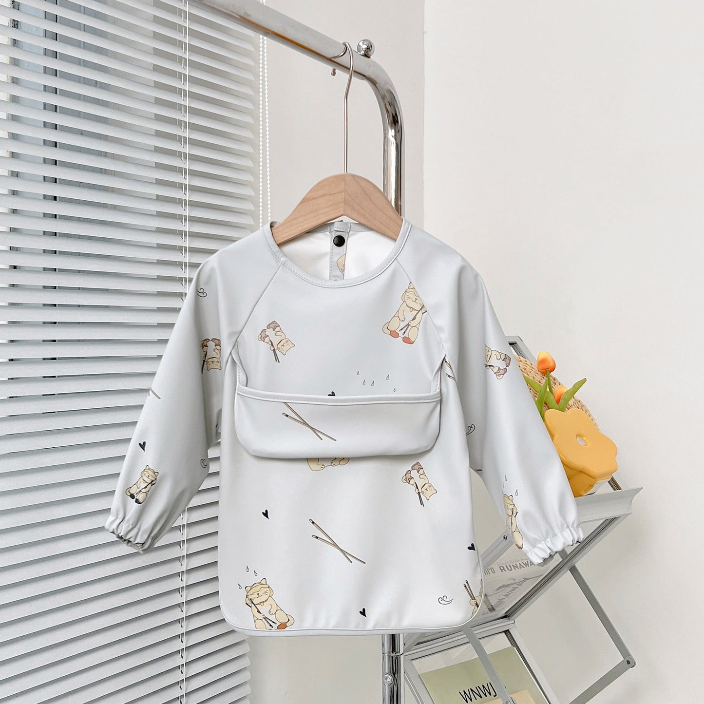 Waterproof Baby Bib with Sleeves – PU Feeding Bib with Crumb Catcher Pocket