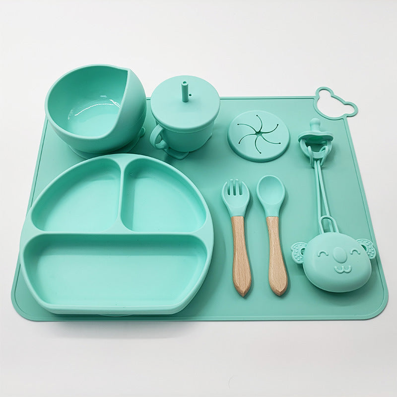 Baby Silicone Weaning Set – BPA Free Suction Plate, Bowl & Cutlery with Wooden Handles