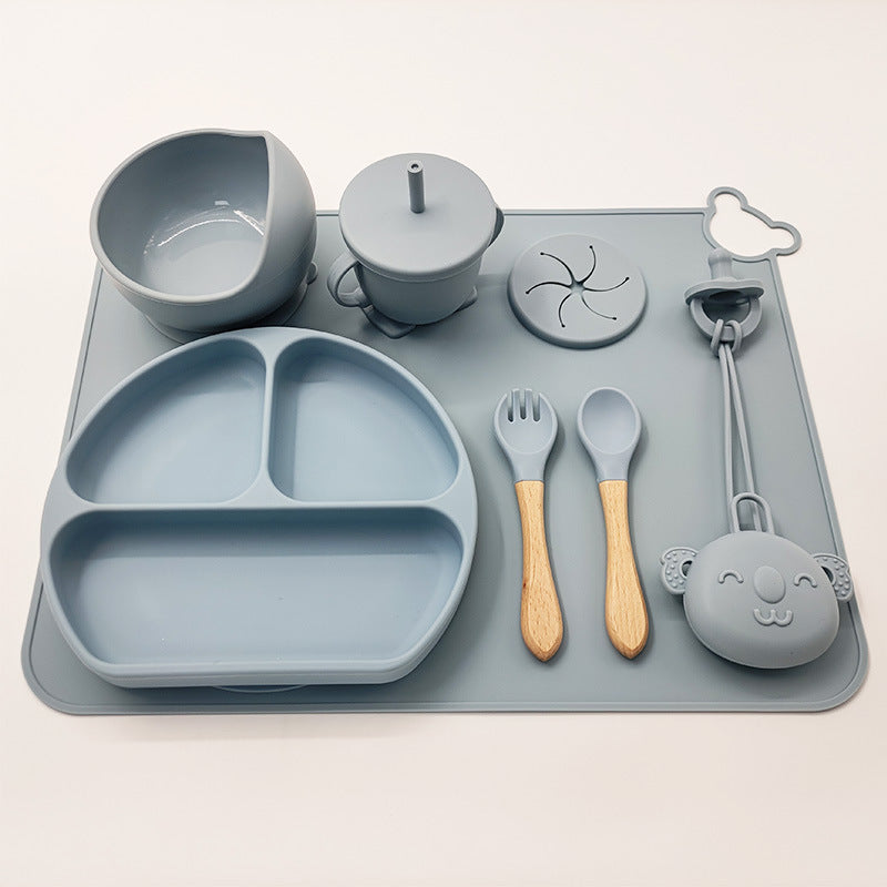 Baby Silicone Weaning Set – BPA Free Suction Plate, Bowl & Cutlery with Wooden Handles