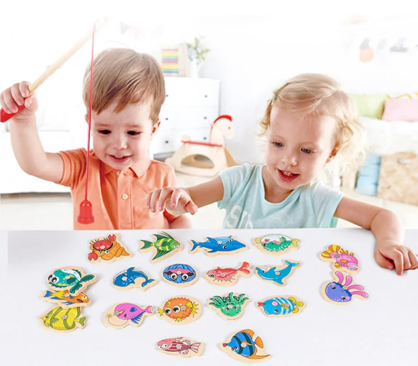Montessori Magnetic Fishing Game – Wooden Educational Toy with 31 Fish & 2 Rods